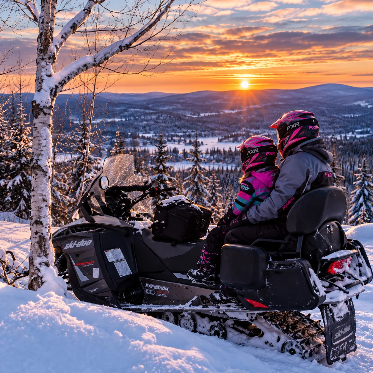 Deux motoneigistes profitent d’un paysage d’hiver au coucher du soleil